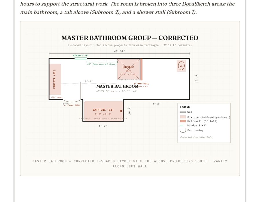Master Bathroom — corrected L-shaped layout sketch from estimate PDF